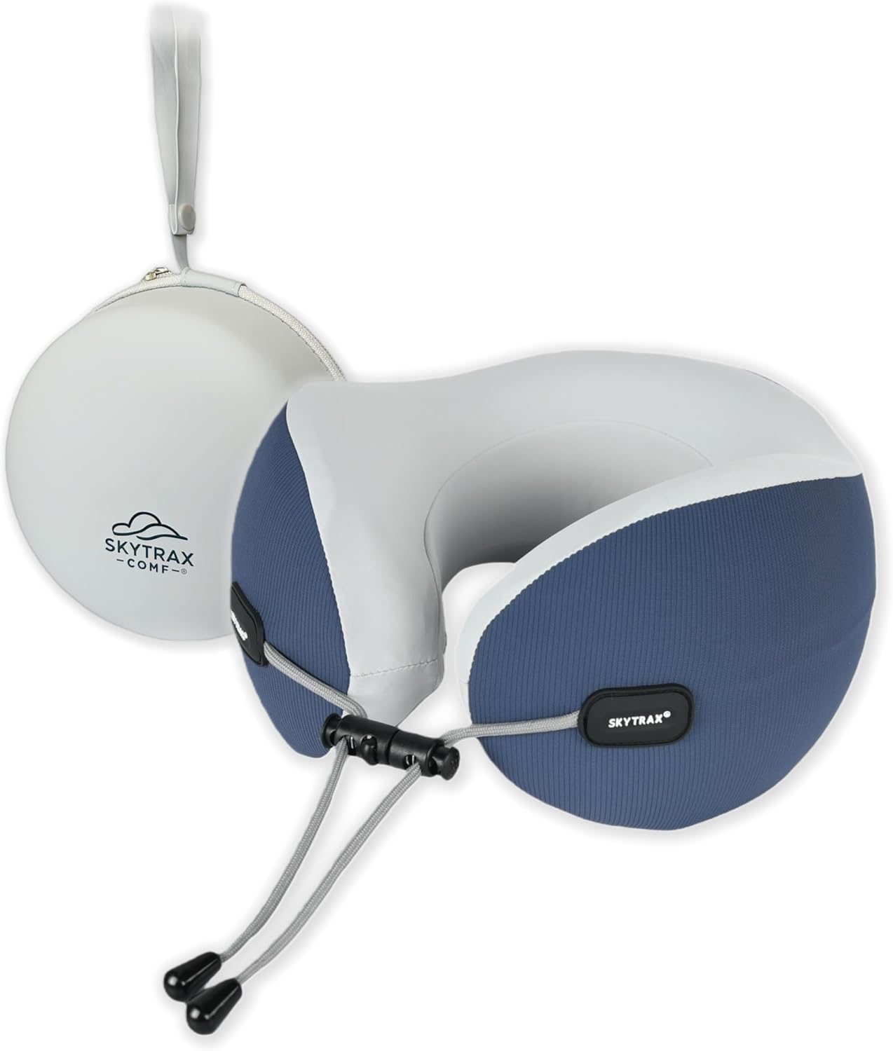 SKYTRAX COMF® Premium Ergonomic Memory Foam Travel Neck Pillow, Washable Cooling Ice Silk Cover, Firm Neck Support for Airplane Long Flights & Pain Relief, with Portable Carry Case (Navy Blue)