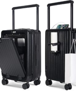SOKOK Front Pocket Luggage Carry On with Spinner Wheels, Wide Handle Travel Suitcase PC Hardshell Durable Rolling Luggage for Business Trip with Charging Port and Cup Holder, Black