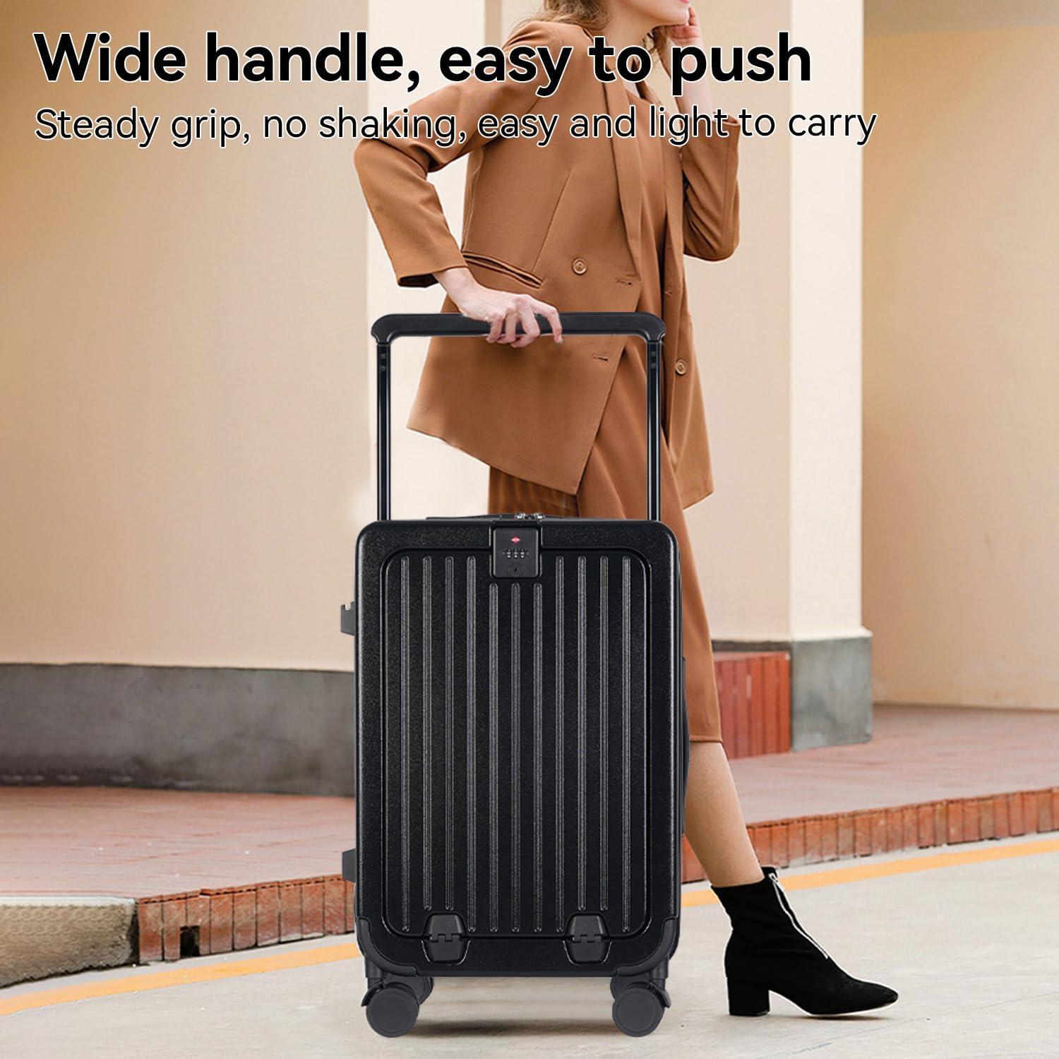 SOKOK Front Pocket Luggage Carry On with Spinner Wheels Wide Handle Travel Suitcase PC Hardshell Durable Rolling Luggage for Business Trip with Charging Port and Cup Holder Black.jpg