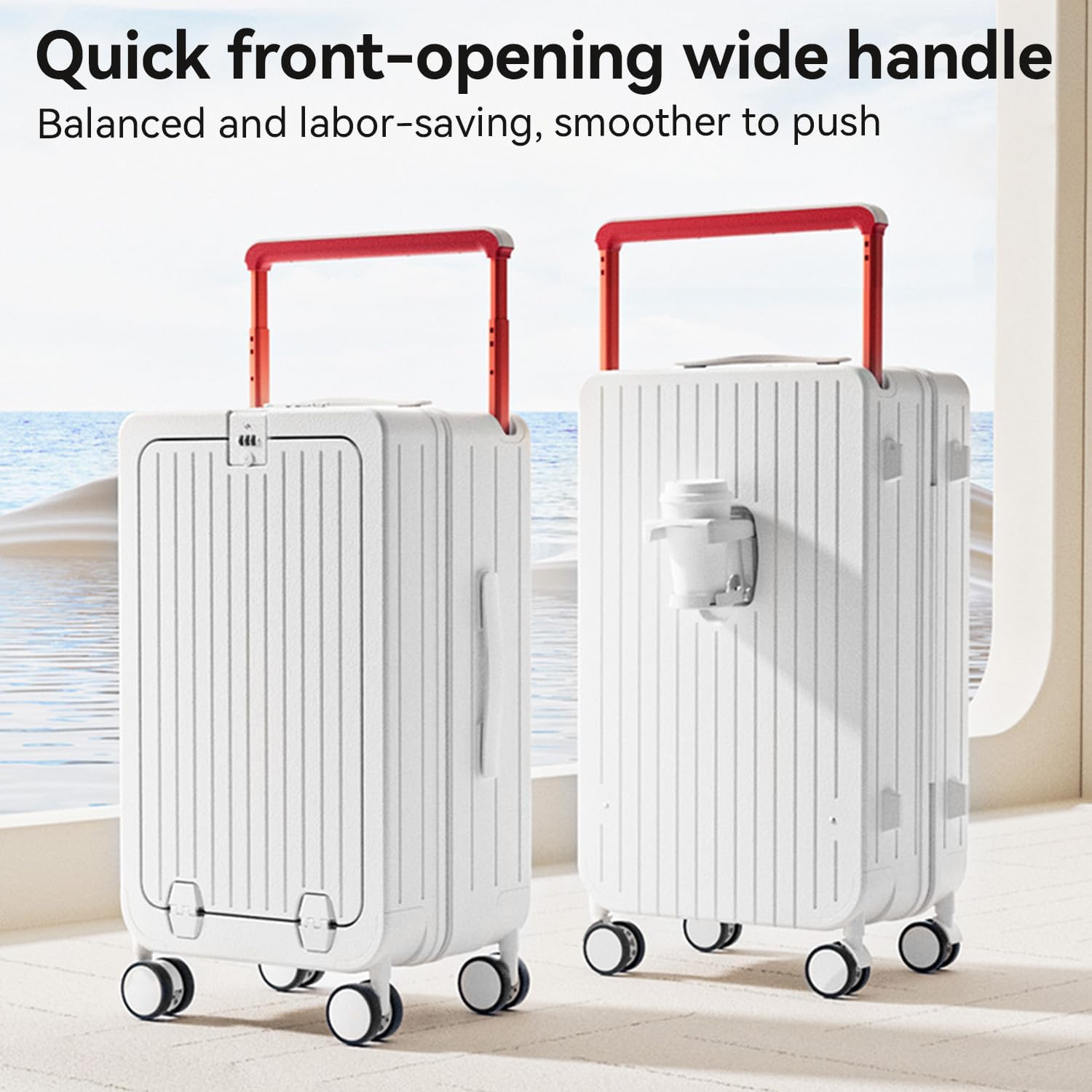 SOKOK Front Pocket Luggage with Spinner Wheels 24 Wide Handle Travel Suitcase PC Hardshell Multifunctional Luggage with Charging Port and Cup Holder White.jpg