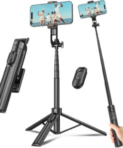 Selfie Stick Travel Tripod for Cell Phone with Remote Control and Phone Holder, Extendable Selfie Stick for iPhone, iPhone Tripod for Video Recording, 50 Inch, Black