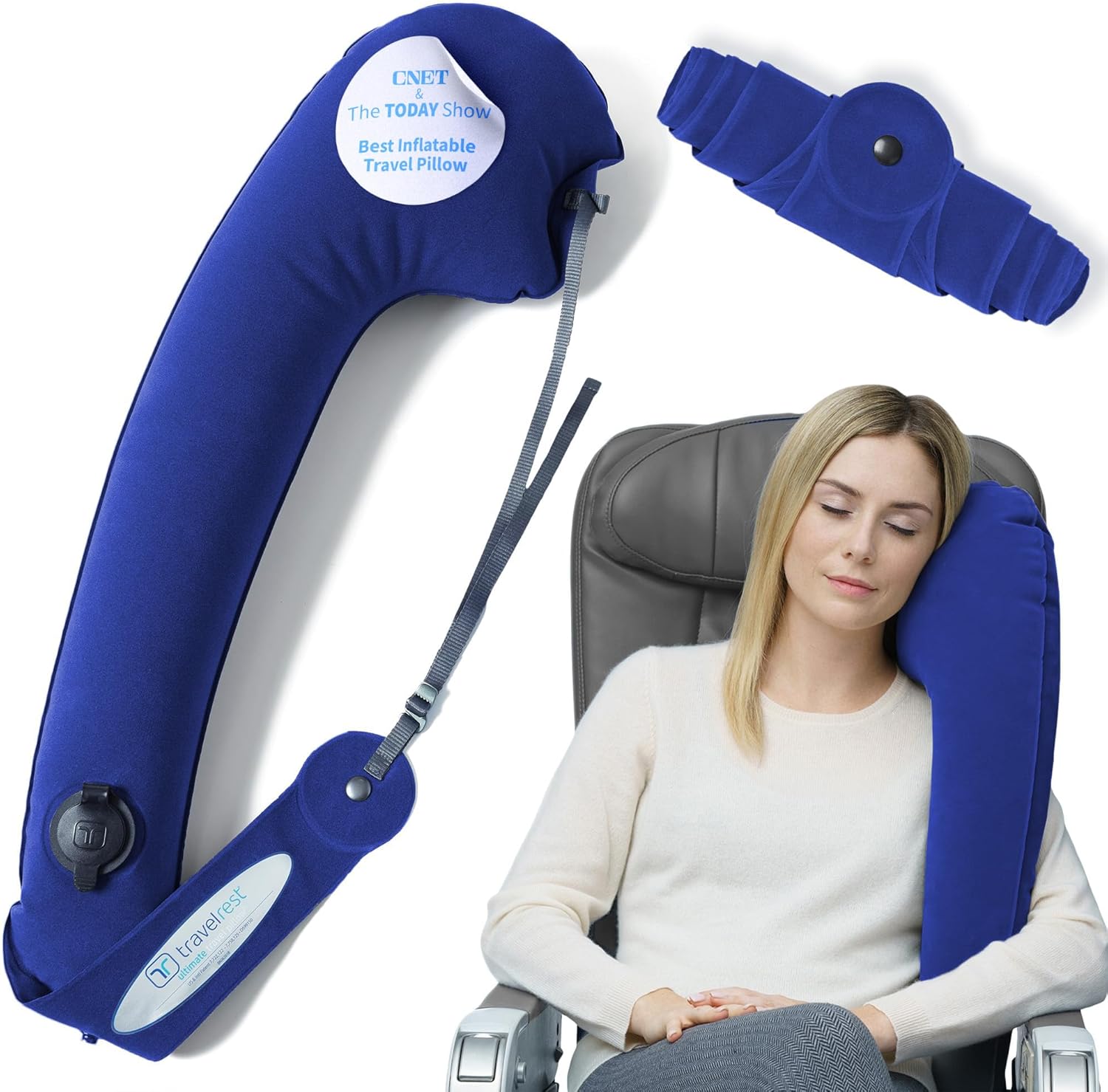 TRAVELREST Ultimate Travel Pillow & Body Pillow - Headrest, Auto, Bus, Train, Office Napping, Camping, Wheelchairs, Comfort and Support, Rolls Up, Straps to Airplane Seat & Car - Blue