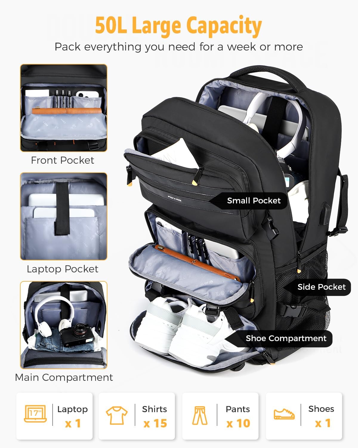 Travel Backpack for Men 50L Carry On Flight Approved Convertible Duffle Bag with Shoe Compartment 17 inch Laptop Luggage with USB Charging Port for Weekender Hiking Black.jpg