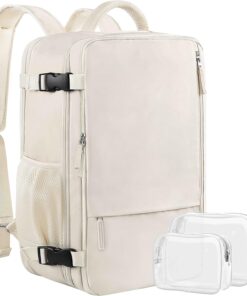 Travel Backpack for Women, Expandable 40L Carry on Flight Approved Backpack, 17 Inch Laptop Waterproof Travel Bag for College, Travel, Work, Beige