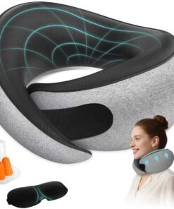 Travel Neck Pillows for Airplanes - 360° Ergonomic Memory Foam Travel Pillow - Relief Neck Pain with Breathable Support for Long Flights, Car, Train & Office Use - Adults & Kids (Gray)