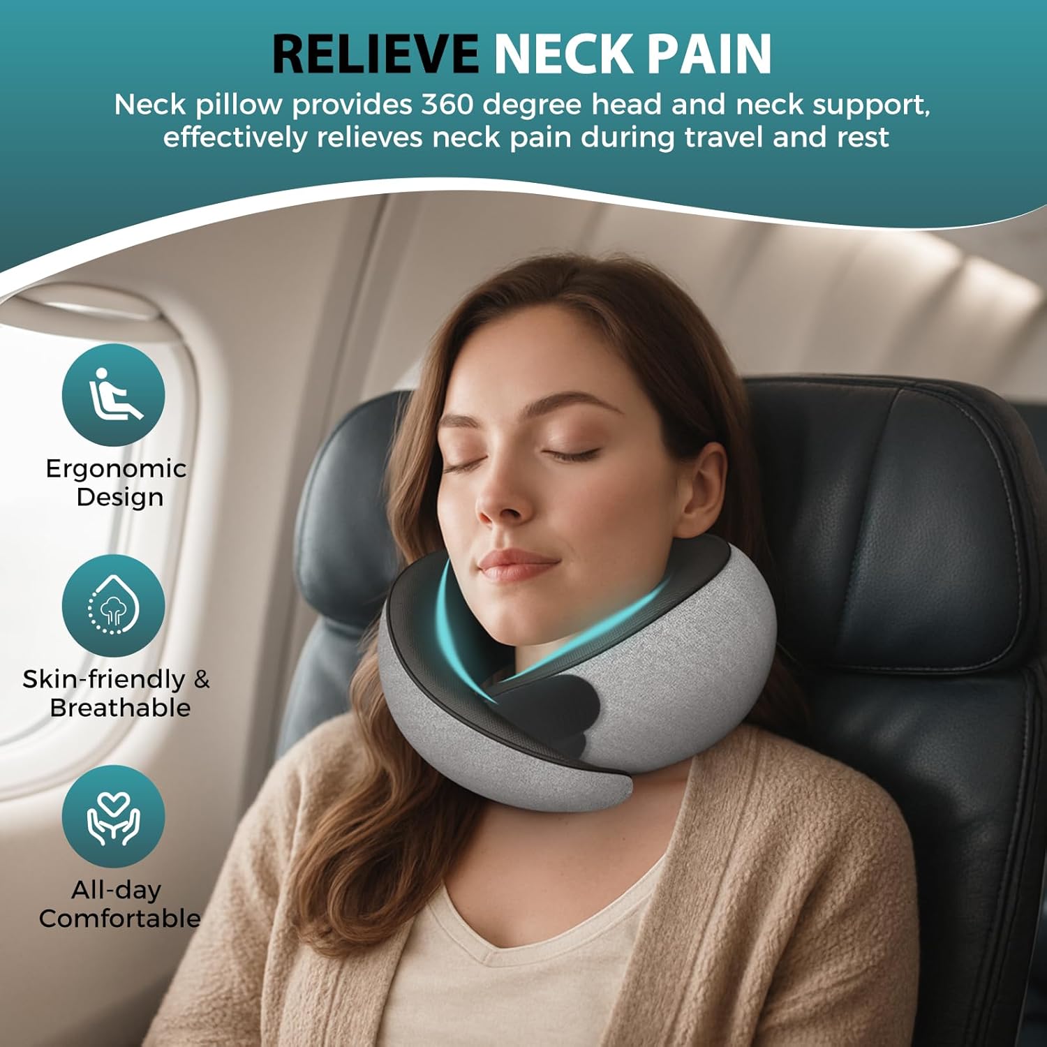 Travel Neck Pillows for Airplanes 360° Ergonomic Memory Foam Travel Pillow Relief Neck Pain with Breathable Support for Long Flights Car Train Office Use Adults Kids Gray.jpg
