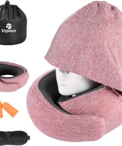 Travel Pillow - Hooded Neck Pillow Airplane Memory Foam Filling for Plane, Office, Cars Sleeping, Road Trip, Long Flights, Portable Plane Accessories, Includes Eye Mask & Earplugs (Red)