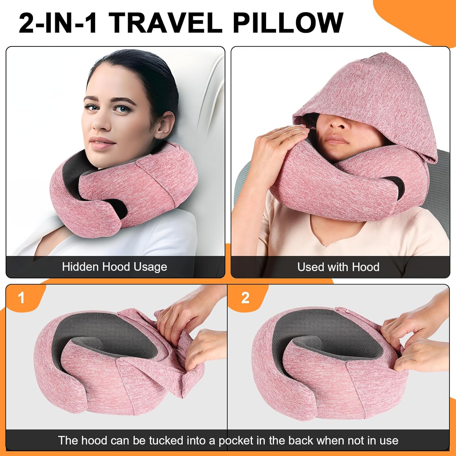 Travel Pillow Hooded Neck Pillow Airplane Memory Foam Filling for Plane Office Cars Sleeping Road Trip Long Flights Portable Plane Accessories Includes Eye Mask Earplugs Red.jpg