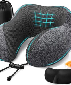 Travel Pillow, Travel Pillows for Sleeping Airplane, Removable Cover Neck Pillow with Adjustable Clasp, Memory Foam Neck Pillow Set with Eye Mask, Earplugs and Storage Bag (Dark Grey)