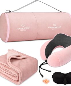 Travel Pillow and Blanket Set Neck Pillows Travel Essentials with Sleep Mask for Airplane Car Memory Foam Pink