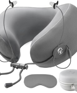 Travel Pillow for Airplanes, Neck Pillow eases Neck and Shoulder Pain on Long Flights, Adaptive Memory Foam Sleep Support, Portable Carry Case, Eye Mask and Earplugs Travel Set(Grey I)