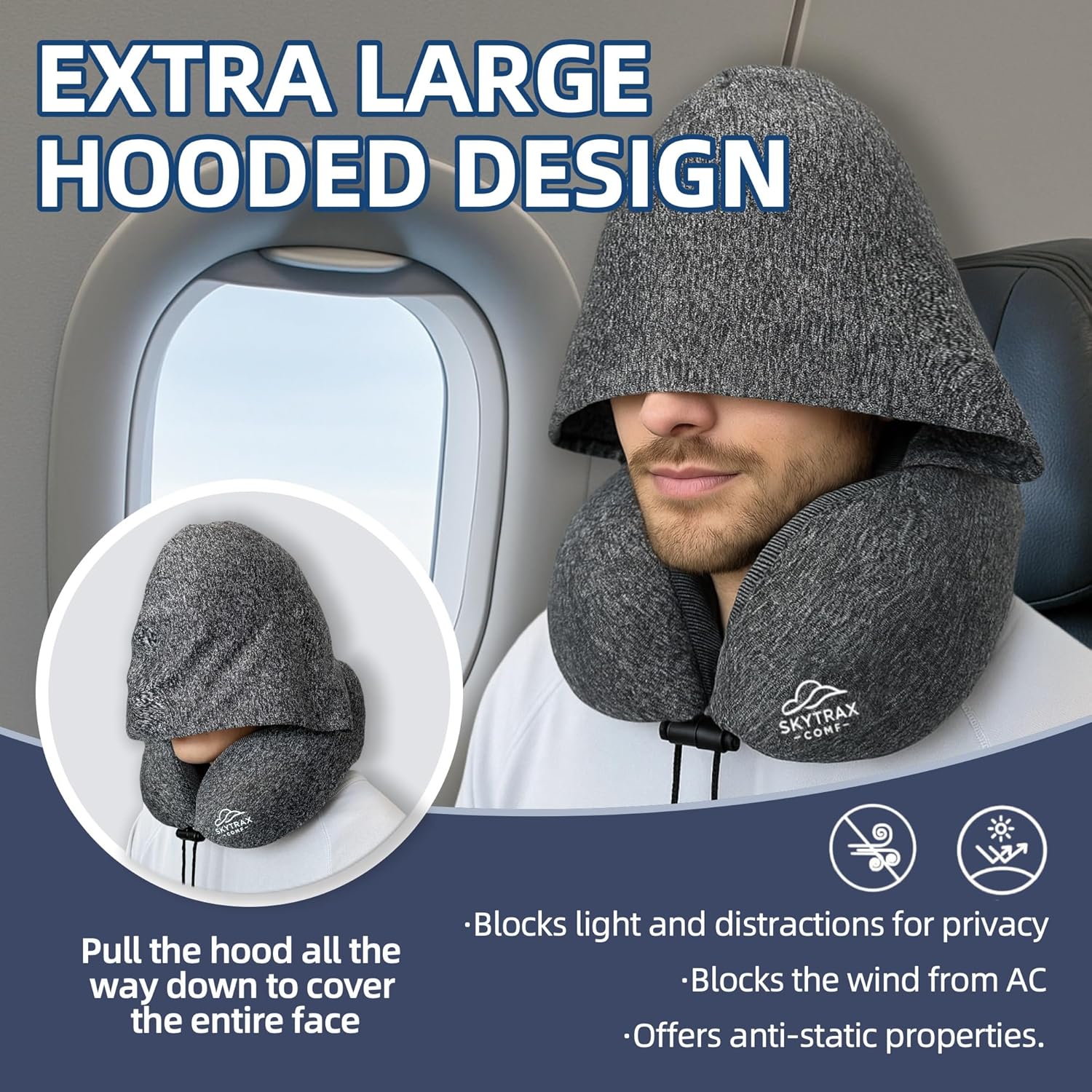 Travel Pillow with Extra Large Hood for Airplane Long Flights Privacy and Comfort Memory Foam with Skin Friendly Cover for Road Trip HeadNeck Support for Plane Office Cars Sleeping Rest Grey.jpg