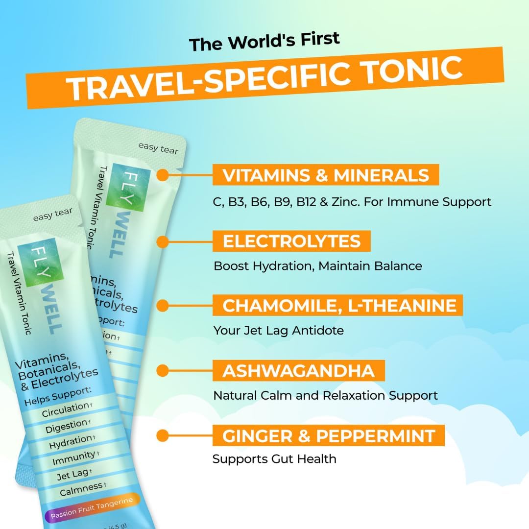 Travel Vitamin Tonic for Flight Jet Lag Hydration Circulation Digestion Immune Support Promotes Calmness Electrolyte Powder Travel Essentials Passion Fruit Tangerine 15 Sticks.jpg