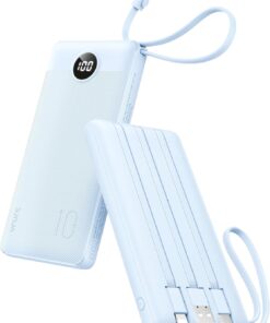 VRURC 10000mAh Power Bank Built-in Cables, Portable Charger with LED Display, Slim Travel Battery Pack with Cords, 5 Output Dual Input Phone Charger for Cell Phone Smart Devcies-Blue(1 Pack)