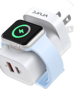 VRURC Charger for iPhone & Apple Watch, 20W USB C Fast Charging Block, 3-in-1 Compact Travel Adapter with 2 Port for iPhone 17/16/15/14/13, Wireless Magnetic for iWatch SE/11/10/9/8/7/6/5/4-White