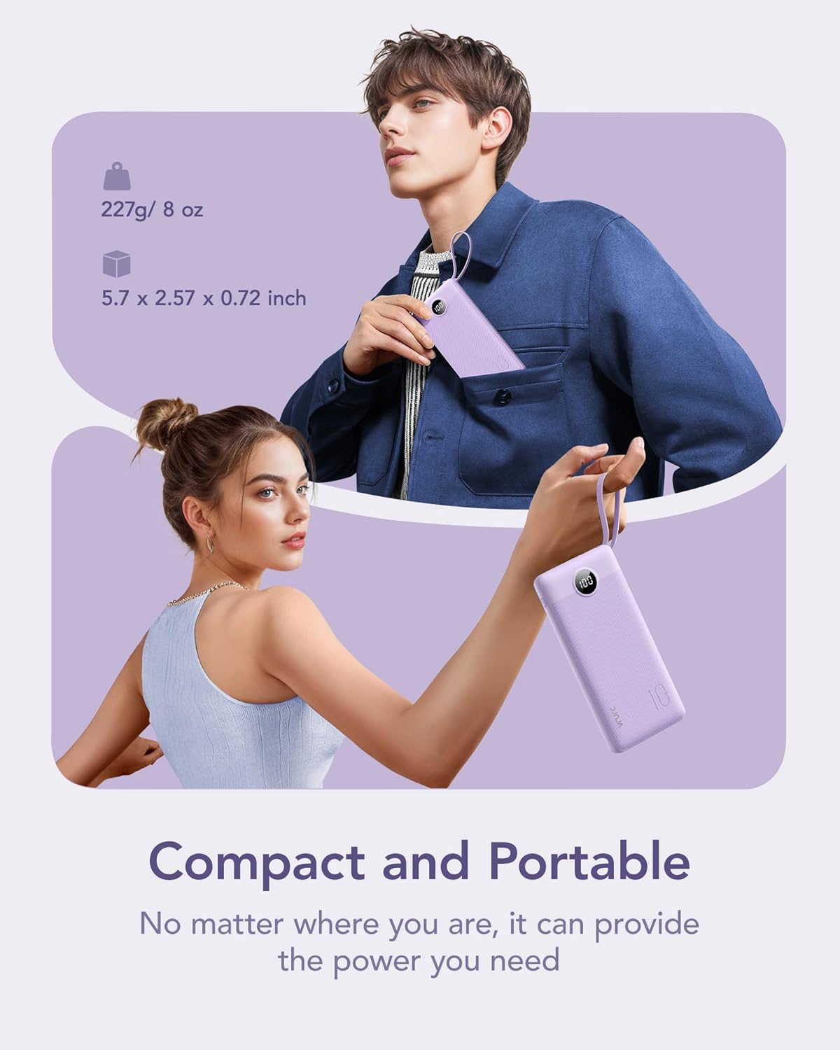 VRURC Portable Charger Power Bank 10000mAh Travel Essentials Battery Pack 5 Outputs 2 Inputs Slim Charging Bank Built in Cables Cords for iPhone 17 16 15 14 13SamsungAndroid Lavender1 Pack.jpg
