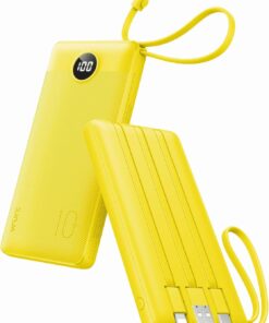 VRURC Portable Charger with Built-in Cables, 10000mAh LED Display USB C Power Bank, Slim Travel Battery Pack with 5 Output 2 Input Compatible with iPhone 17 16 15 13,Samsung,Android etc-Yellow(1 Pack)