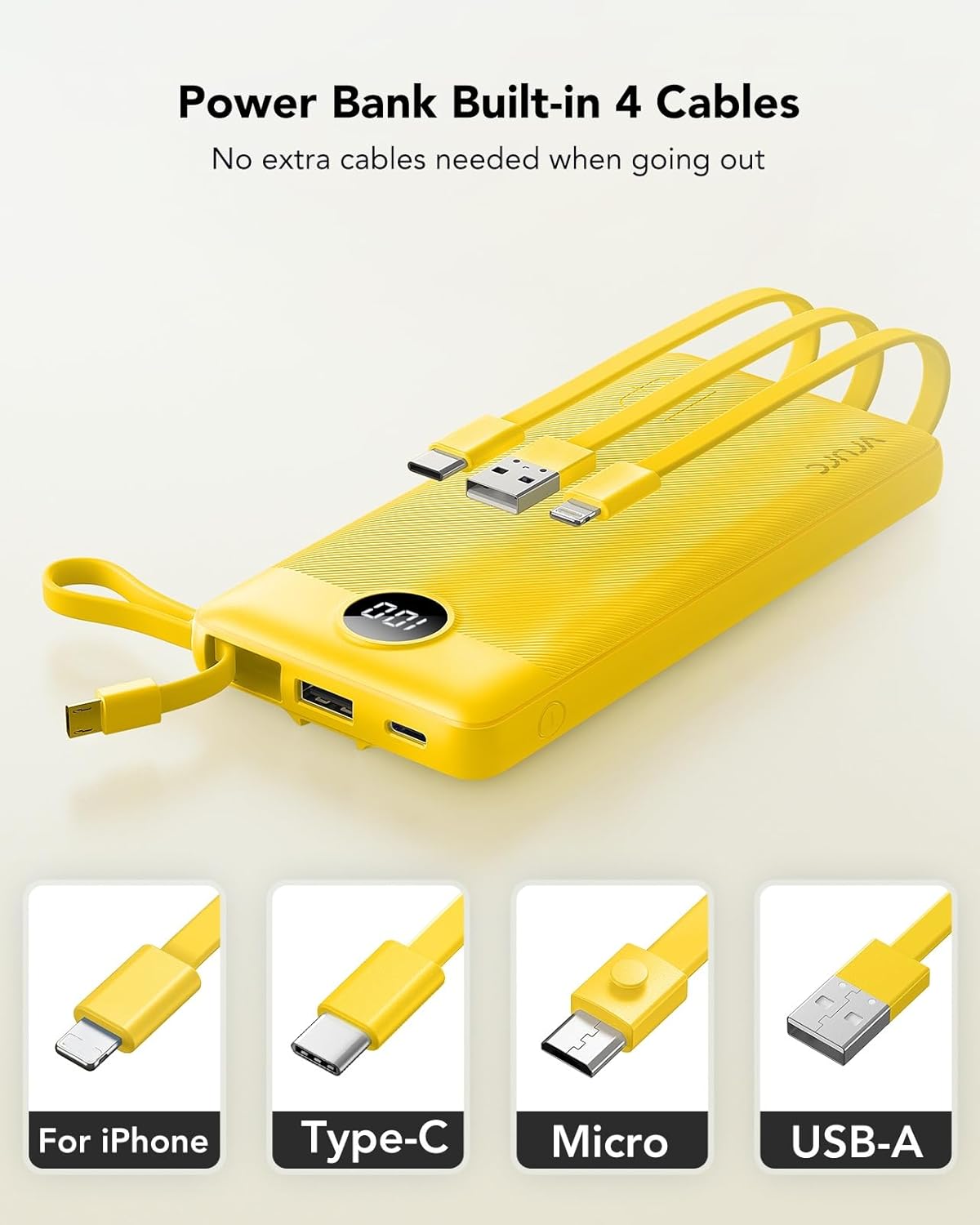 VRURC Portable Charger with Built in Cables 10000mAh LED Display USB C Power Bank Slim Travel Battery Pack with 5 Output 2 Input Compatible with iPhone 17 16 15 13SamsungAndroid etc Yellow1 Pack.jpg