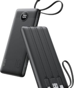 VRURC Portable Charger with Built in Cables, Slim Power Bank 10000mAh, USB C Battery Pack Travel Essential, 5 Outputs 2 Inputs Phone Charging Bank for iPhone 16 15 14 13,Samsung,Android-Black(1 Pack)