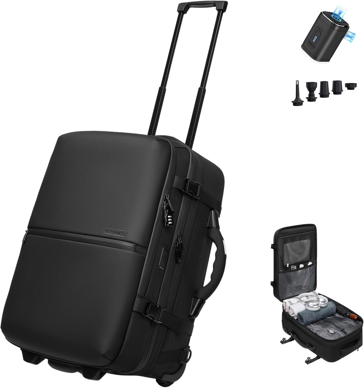 Vacuum Travel Backpack with Wheels, Expandable Carry On Luggage, Luggage Vacuum Bags with Pump, Weight Handle, USB Charging Port, Waterproof