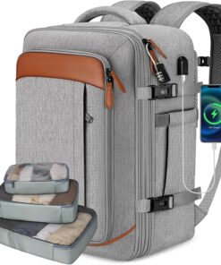 Vancropak Carry on Backpack, Flight Approved 18x14x8 Travel Backpack with 3 Packing Cubes, Expandable Large 40L Travel Bag fits 17.3" Laptop, Anti Theft Luggage Suitcase Weekend for Women Men, Grey