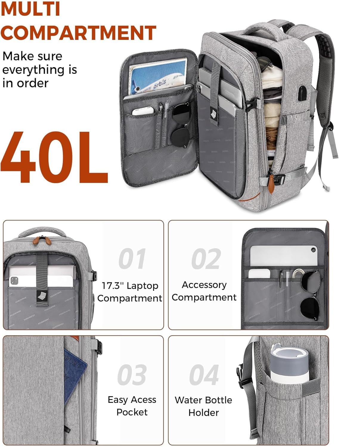 Vancropak Carry on Backpack Flight Approved 18x14x8 Travel Backpack with 3 Packing Cubes Expandable Large 40L Travel Bag fits 17.3 Laptop Anti Theft Luggage Suitcase Weekend for Women Men Grey.jpg