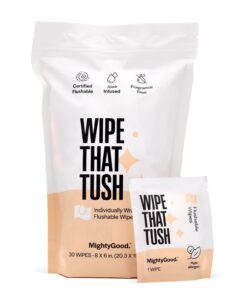 Wipe That Tush On-The-Go Flushable Wipes - 1 Pack of 30 Individually Wrapped Wipes - Fragrance Free - Extra Large & Soft - Hypoallergenic With Aloe & Vitamin E - Septic-Safe