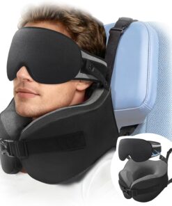 YFONG Travel Pillow for Long Flight Airplanes, Head Strap Combo with 3D Contoured Eye Mask for Sleep, Neck Pillow for Car Trip Essential, 360° Support Memory Foam Headrest, Prevent Head Bobbing, Black
