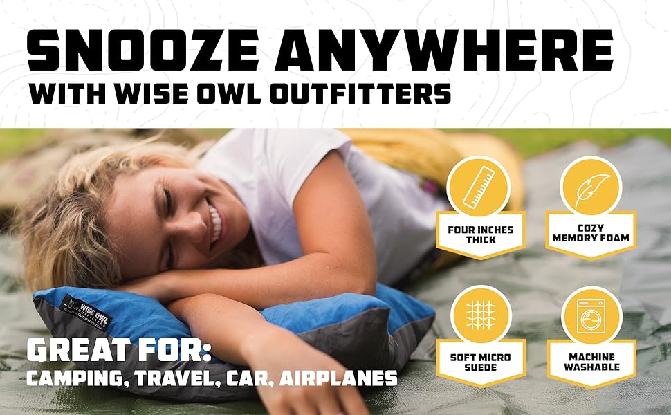 SnoozeWise Owl Outfitters blonde woman laying pillow blue camping travel car cozy soft washable.