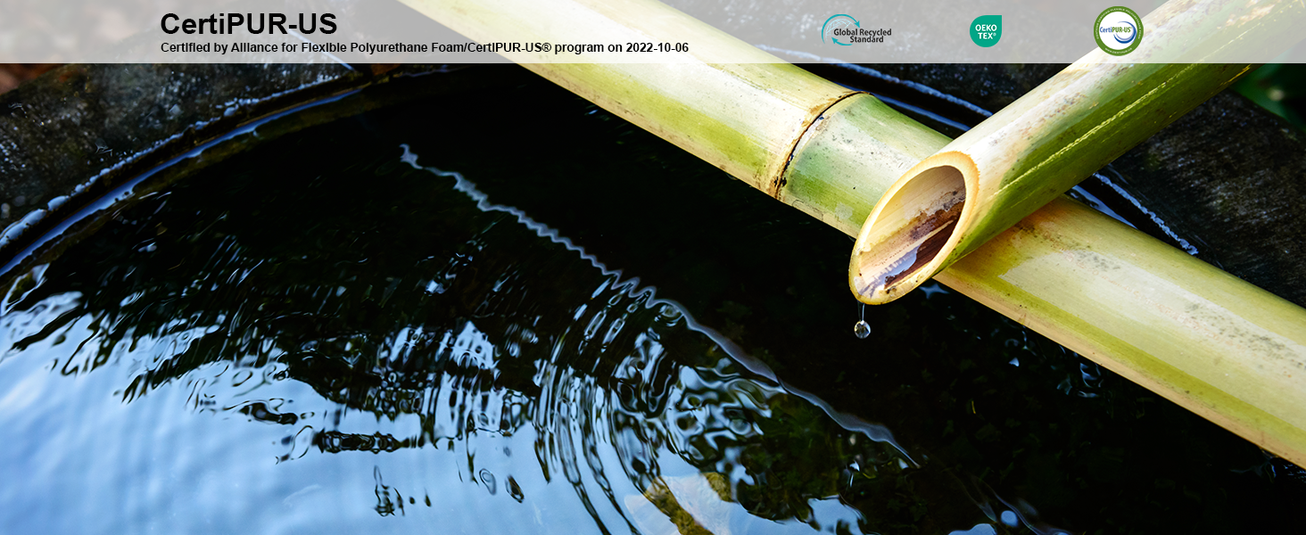 bamboo spout on bowl of water next to CertiPUR-US logo