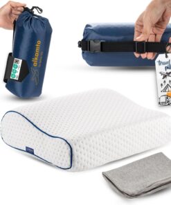 alkamto Travel & Camping Comfortable Memory Foam Pillow – Easy to Carry Portable Bag – Temperature Regulating Pillow Case (White Contour + Extra Cover)