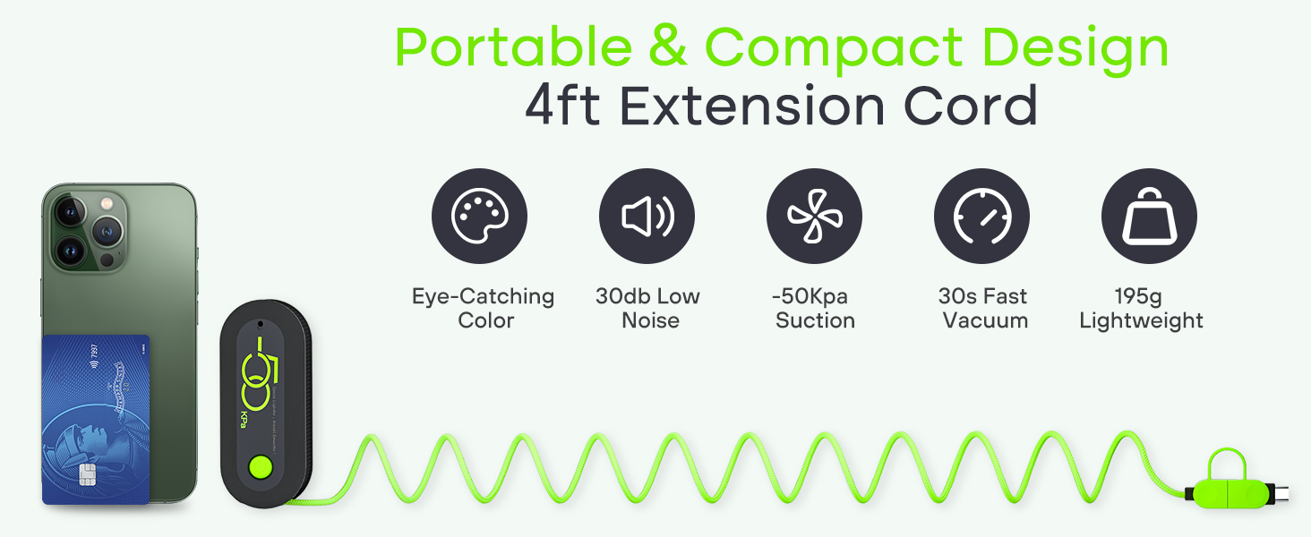 Portable handheld vacuum cleaner with 4ft extension cord. Features include eye-catching color, 50dba low noise, 50kpa suction, 30s fast vacuum, and 99g lightweight design. Shown next to a smartphone for size comparison.