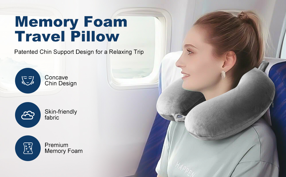 a woman sitting in an airplane with a pillow on it.