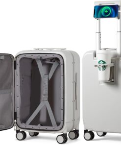 mixi Carry On Luggage with Cup Phone Holder and Charger Hard Shell Suitcases with Spinner Wheels, 20 Inch Smoke White