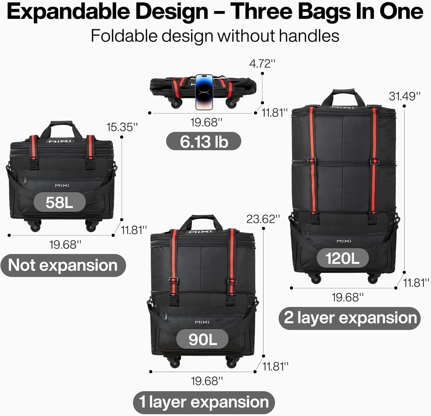 Mixi Travel Bag with Wheels Expandable Foldable Luggage Bag Collapsible Rolling Travel Bag Duffel Bag Large Capacity Suitcase for Men Women Black.jpg