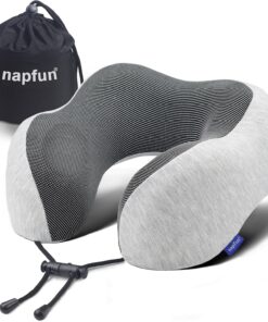 napfun Neck Pillow for Traveling, Upgraded Travel Neck Pillow for Airplane 100% Pure Memory Foam Travel Pillow for Flight Headrest Sleep, Portable Plane Accessories, Light Grey