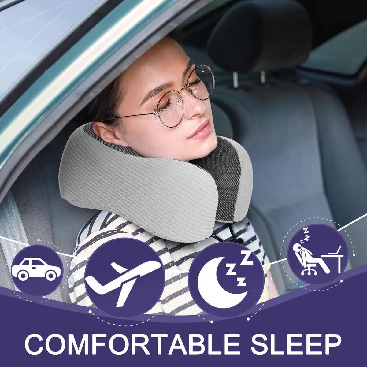 Napfun Neck Pillow for Traveling Upgraded Travel Neck Pillow for Airplane 100 Pure Memory Foam Travel Pillow for Flight Headrest Sleep Portable Plane Accessories Striped Light Grey Set.jpg