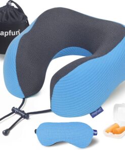 napfun Neck Pillow for Traveling, Upgraded Travel Pillow for Airplane 100% Pure Memory Foam Flight Pillow for Headrest Sleep, Travel Essentials, Luxury Sets (Optional), Striped Sky Blue Set